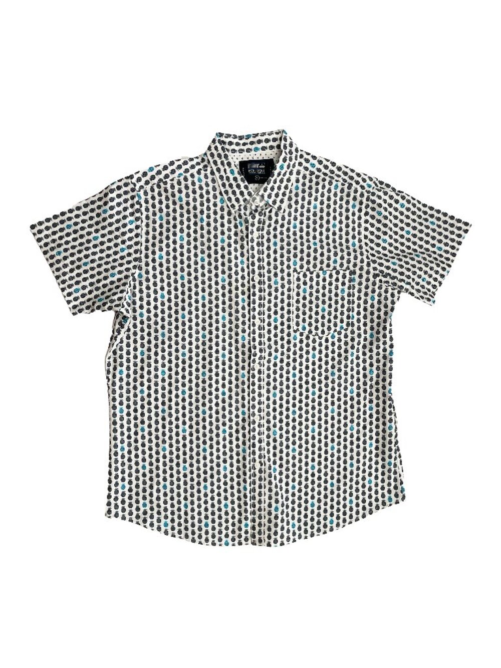 Monument Pineapple Hawaiian Button Up Shirt XL White Black Blue 100% Cotton